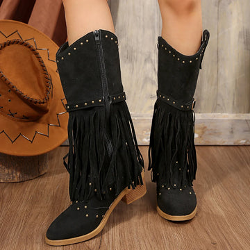 Xajzpa Vintage Tassels Knee High Boots Women Rivet Decoration Thick Heeled Western Boots Woman Zip High Tube Cowboy Booties Plus Size